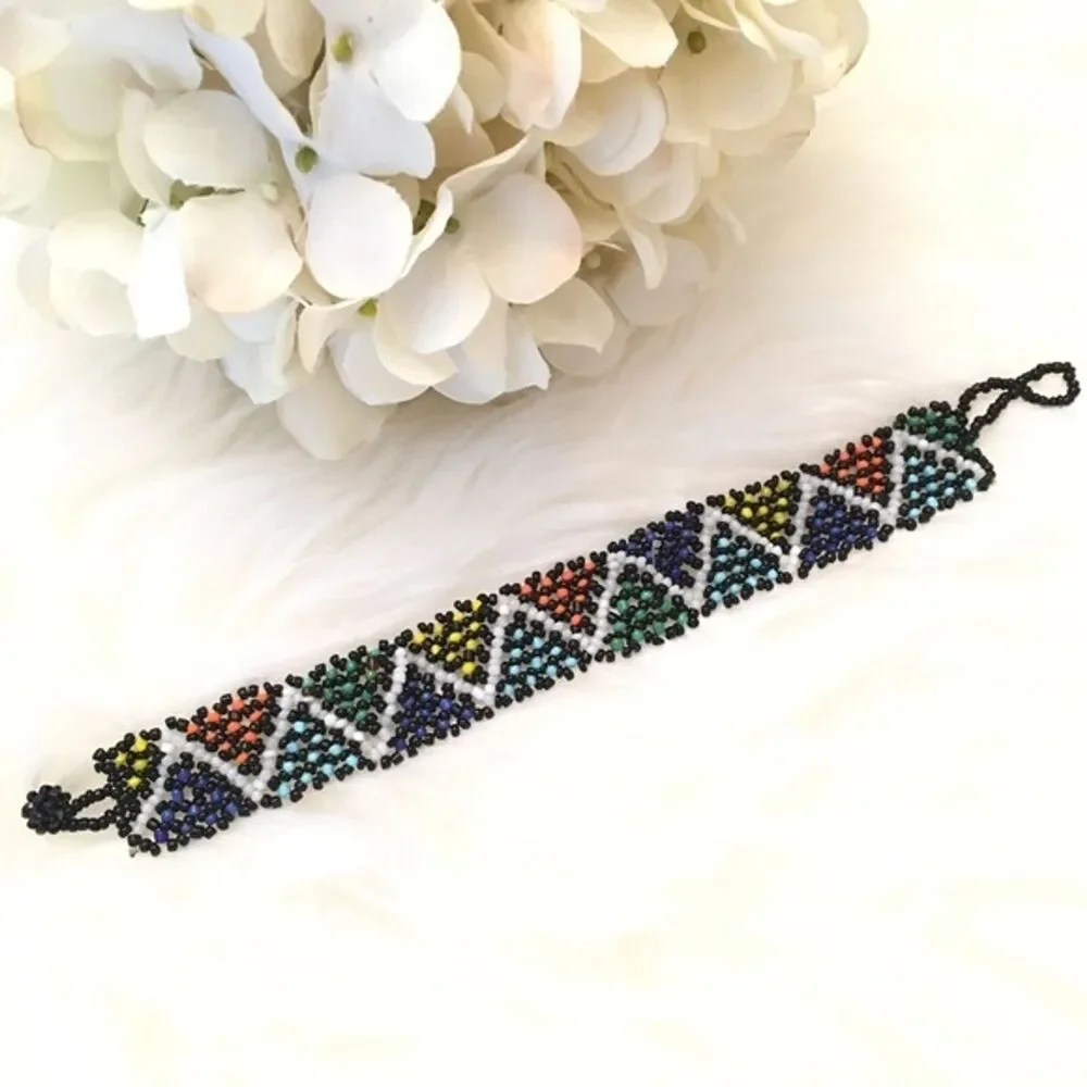 Hand‎ Beaded Mexican Huichol Bracelet Colorful Multicolor Zig Zag Rainbow